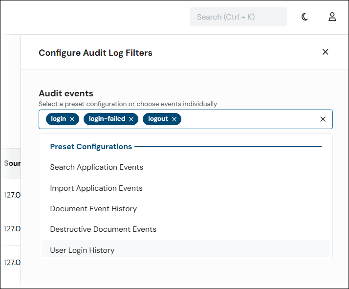 Three event types selected in the Audit Events control.